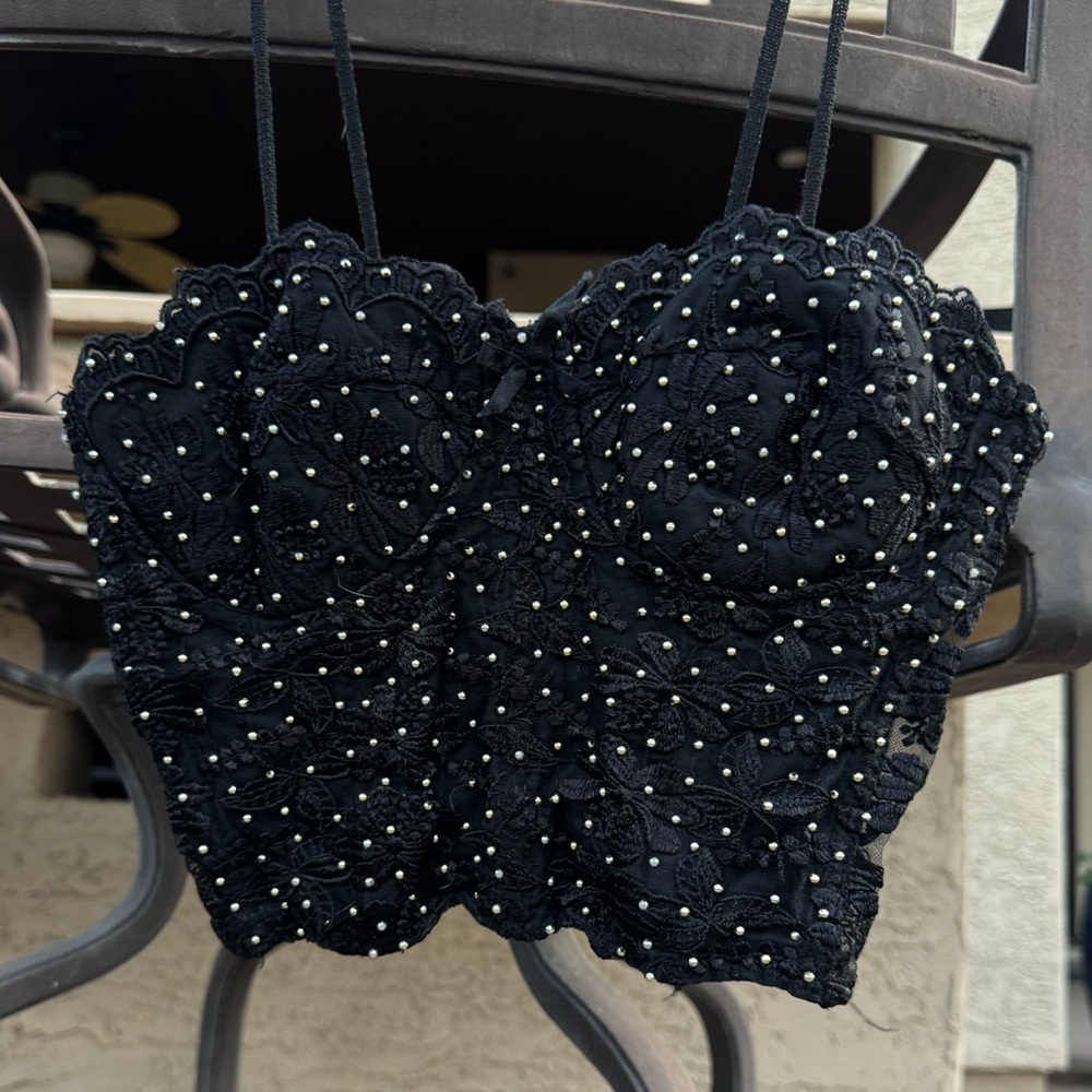 Gold Silver Mixed Metal Black Beaded Lace Strapless Bustier Corset Top